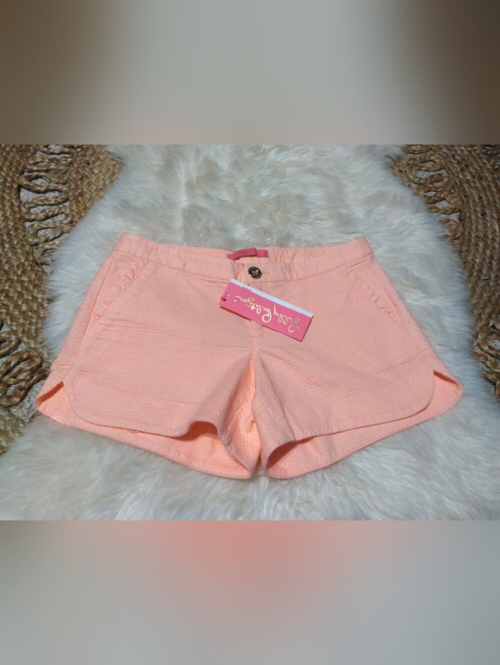 Lilly Pulitzer Adie Chino Shorts  Peach Flamin Seersucker w/ ruffle pockets NWT